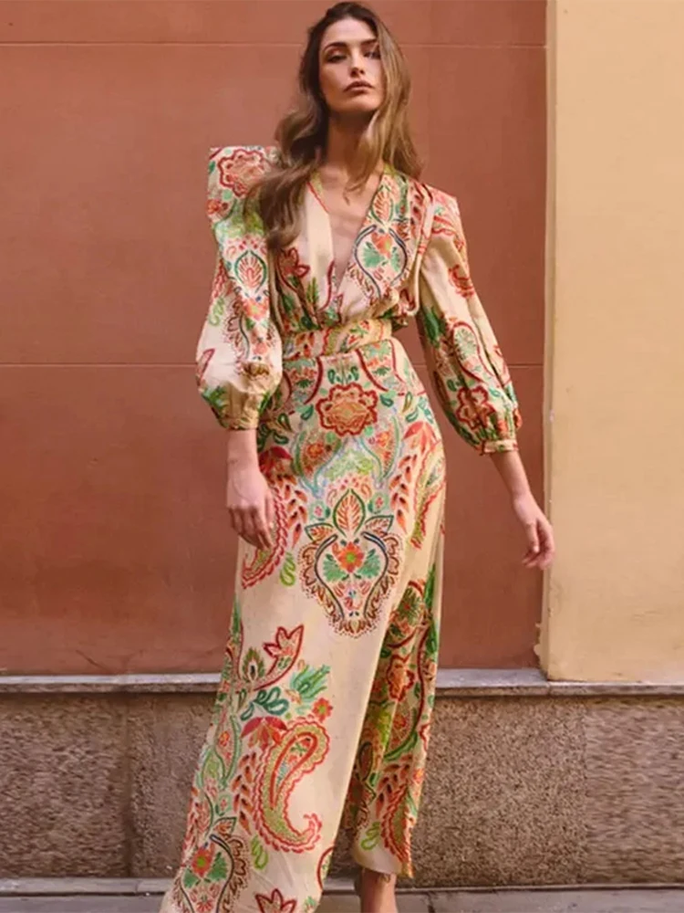 

Elegant Print Pleated Long Dresses for Women V Neck Lantern Sleeve Dress High Waist A Line Lady Robe 2024 Autumn New Vestidoes