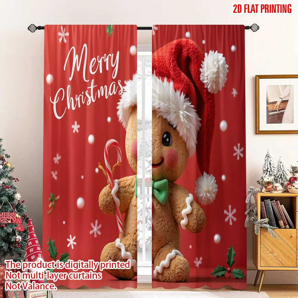 

2pcs 2D flat printing Merry Christmas Window Drapes Christmas Gingerbread Man Watercolor Polyester Without Electricity Spring