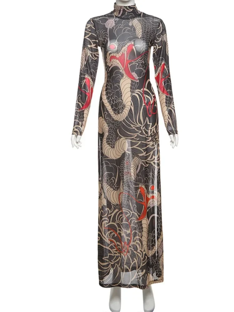 Robe longue Sexy pour femmes, coupe cintrée, Cover-Up en maille transparente, manches longues, imprimé Floral, robe Maxi de plage, fendue sur le côté, Cover-Up pour Bikini