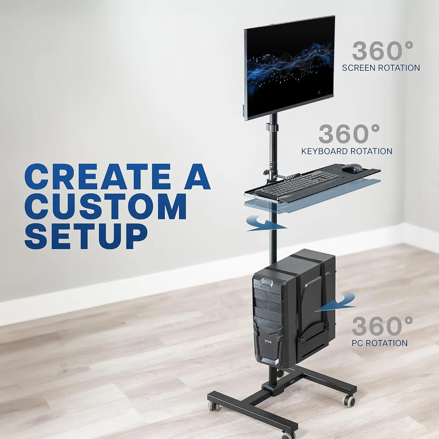 Black Rolling Computer Cart With Monitor Mount For 17 To 32 Inch Screens, Portable PC Desk Workstation, Full Keyboard Tray, Adjustable CPU Holder, Rolling Mobile Office Cart Set view 5