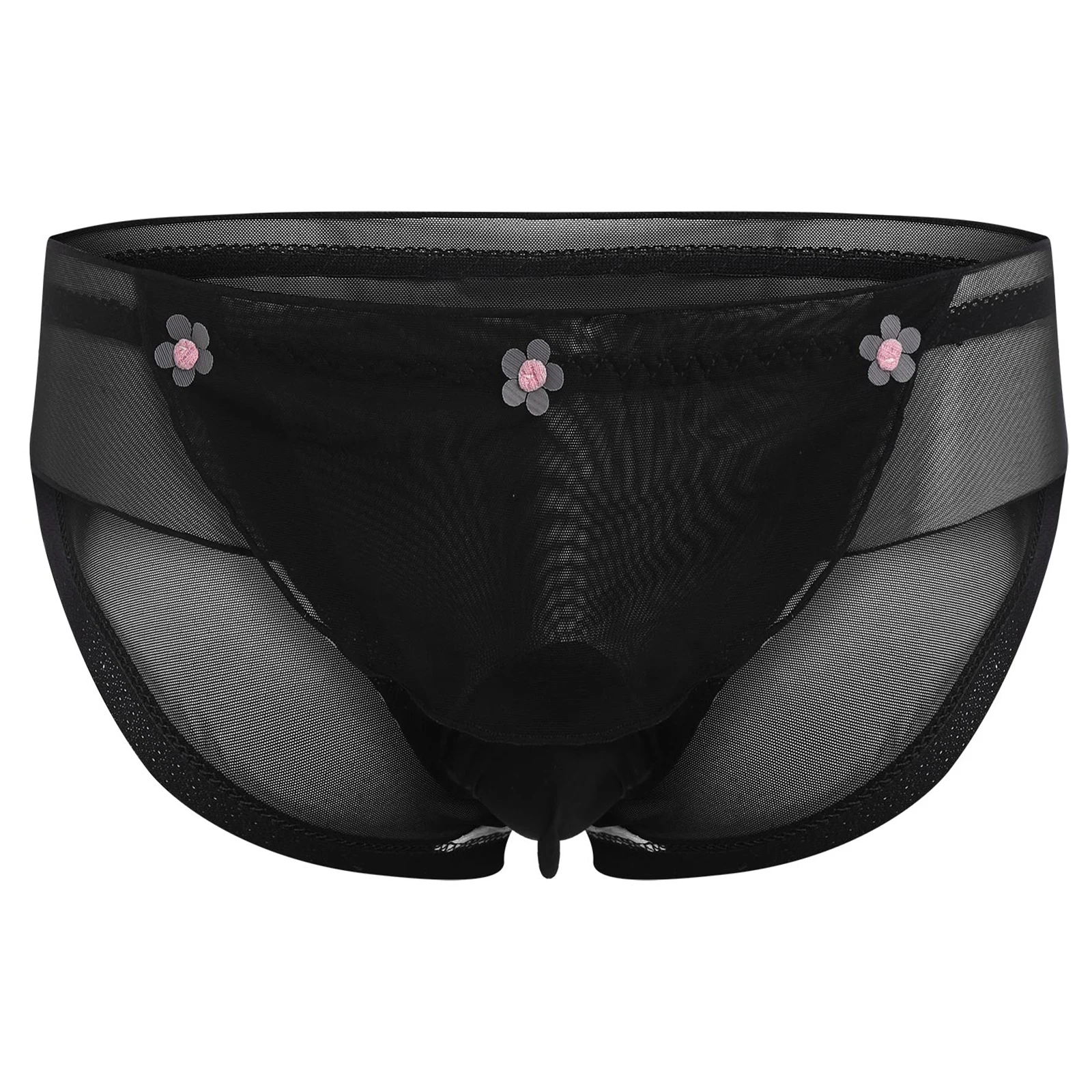

Mens Sissy Mesh Panties Ruffled Trim Flower Applique Bulge Pouch Sheer Briefs Japanese Sweetheart Style Underwear Lingerie