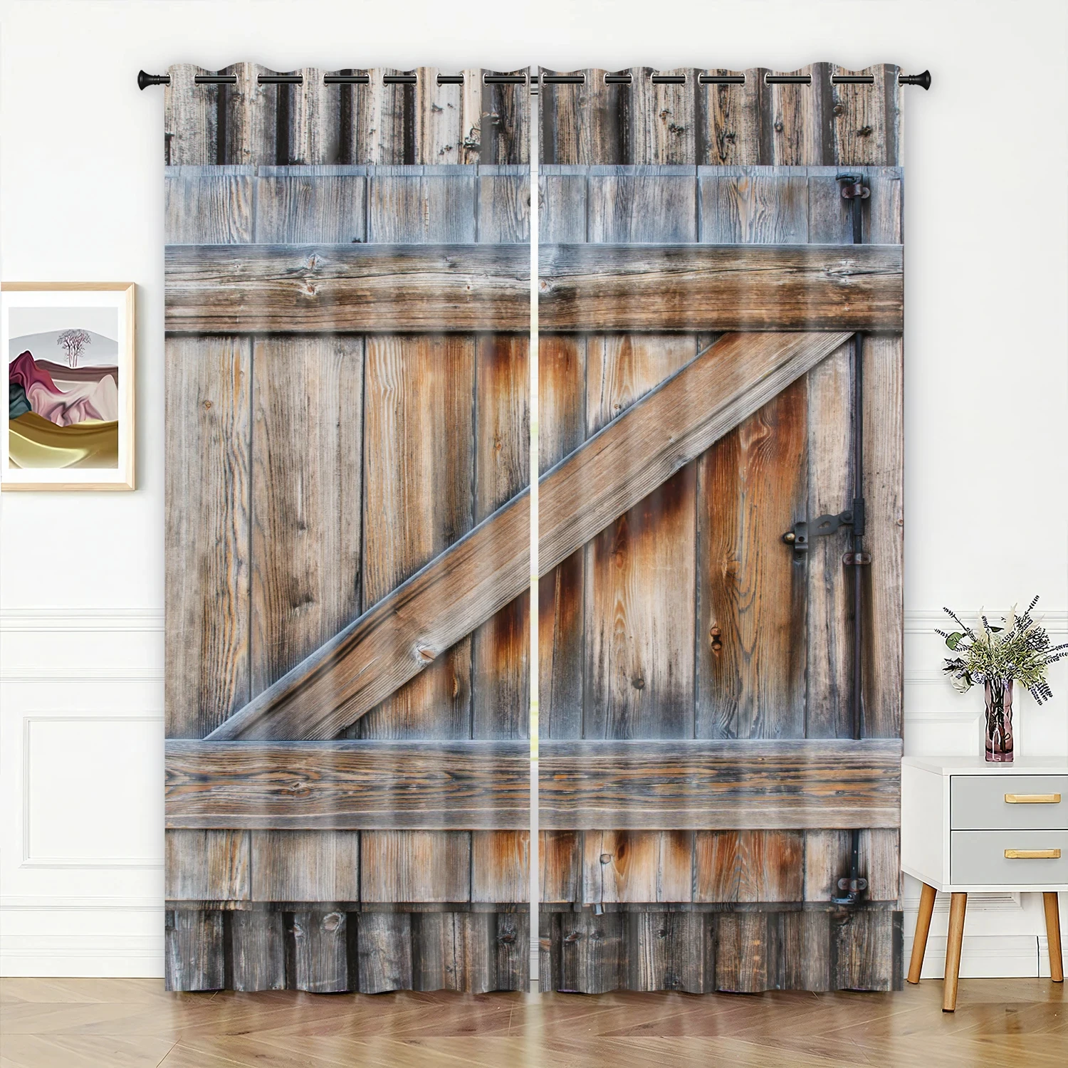 Retro Wooden Door Texture Vintage Barn Curtains for Bedroom Living Room Kitchen Window Curtain Modern Home Room Decor 2 Panels