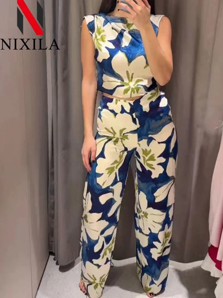 New Summer Woman\'s Fashion Chic Blue Floral O-Neck Sleeveless Hollow Out Zipper Female Bohemian Wide Leg Vacation Loose Jumpsuit