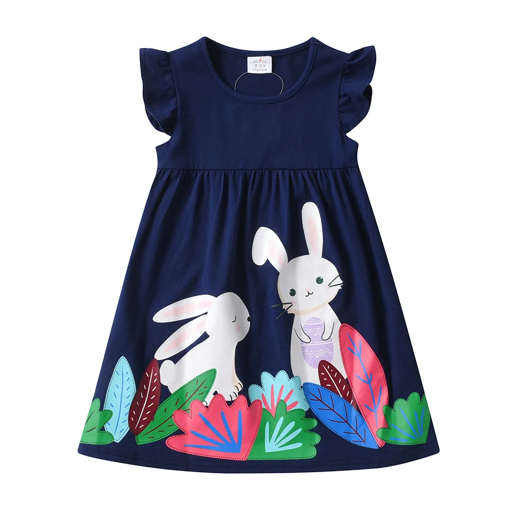 VIKITA Girls Navy Blue Flare Sleeve Cotton Casual Summer Dress Kids Cute Bunny Rabbit Print Daily School Straight Dresses