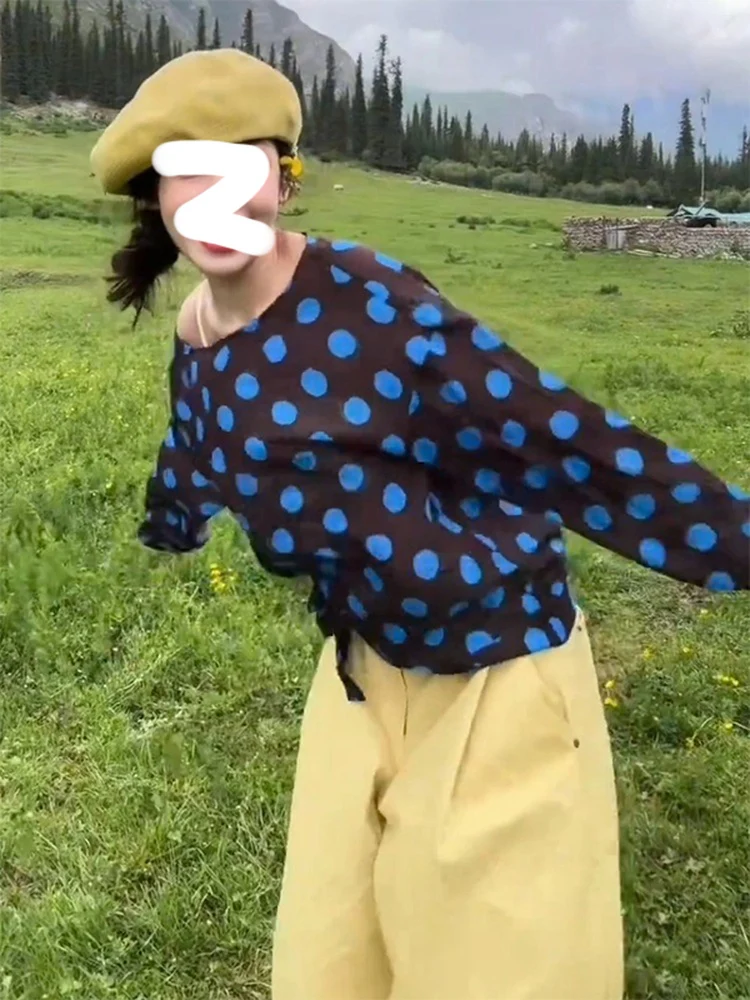 

Женская синяя блузка в горошек с длинным рукавом, свободного кроя, легкая, с круглым вырезом, повседневная, дышащая, удобная, осенняя