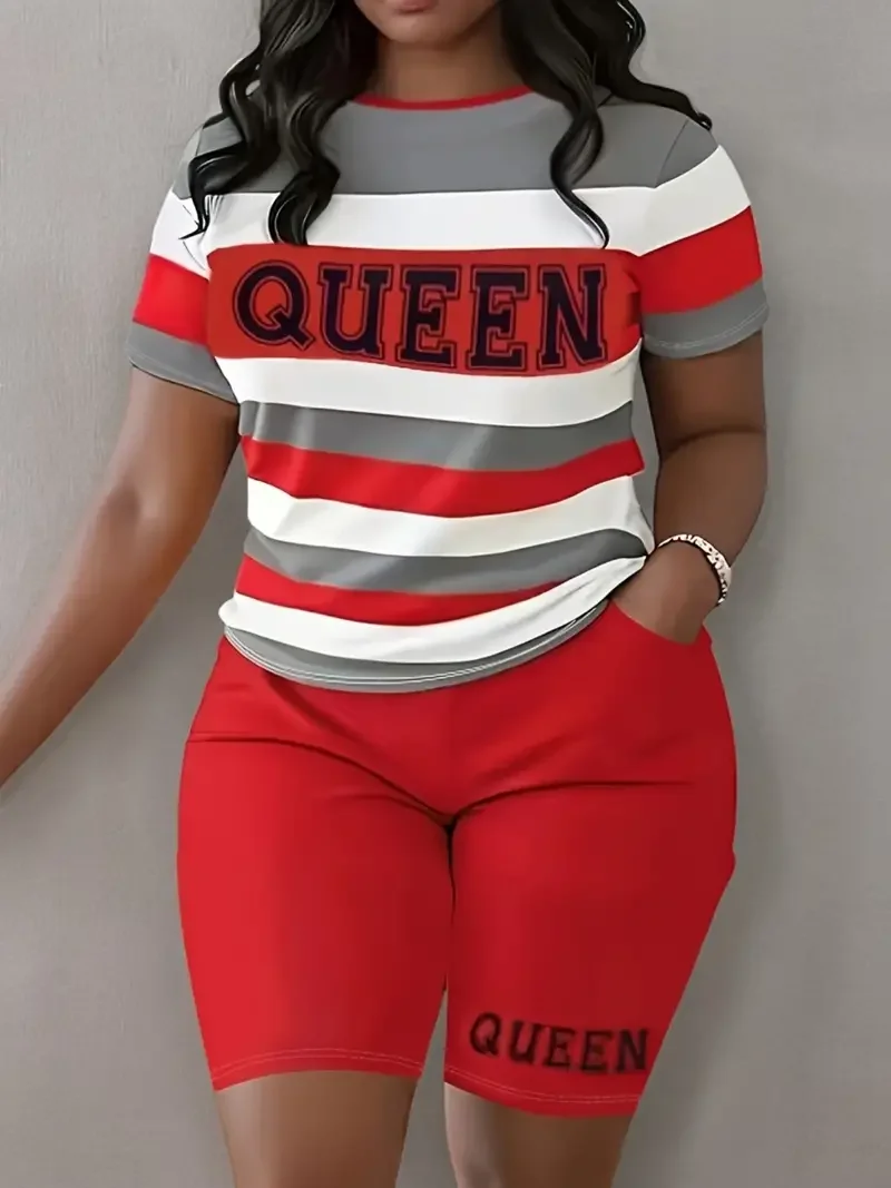 Plus Size Sommer Outfits Biker Shorts Set Rundhals ausschnitt Kurzarm Position ierung Druck Queen Plus Size 2 Stück Set Frauen