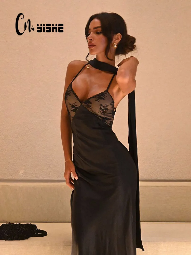 CNYISHE レースパッチワーク背中の開いたキャミソール女性ドレスノースリーブ V ネック衣装セクシーなクラブファッション固体女性 Vestidos ローブ