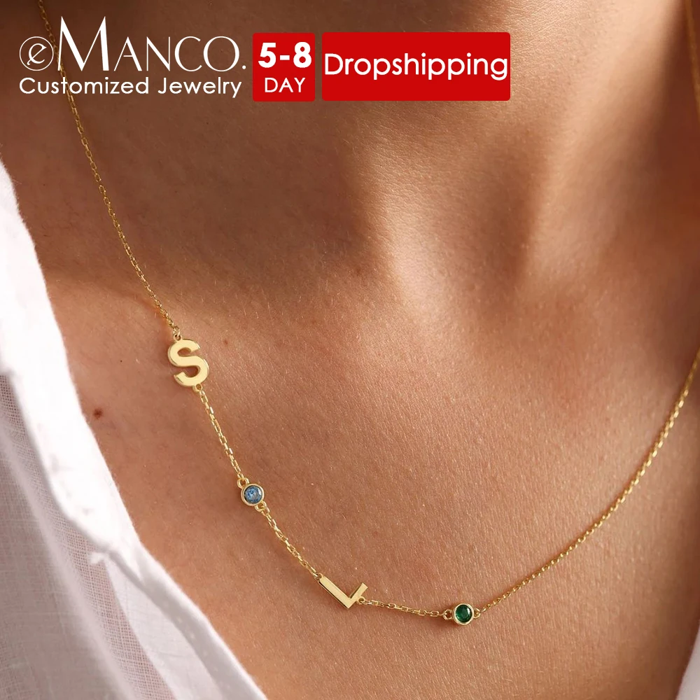 eManco DIY Birthstone Name Customized Necklace 26 Letter Side Pendant Necklace for Women Birthday Gift