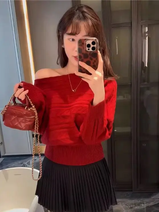 Haut court tricoté rouge pour femme, vêtement d'intérieur, amincissant, torsadé, couche de Base tendance, irt, pour les déplacements, automne et hiver