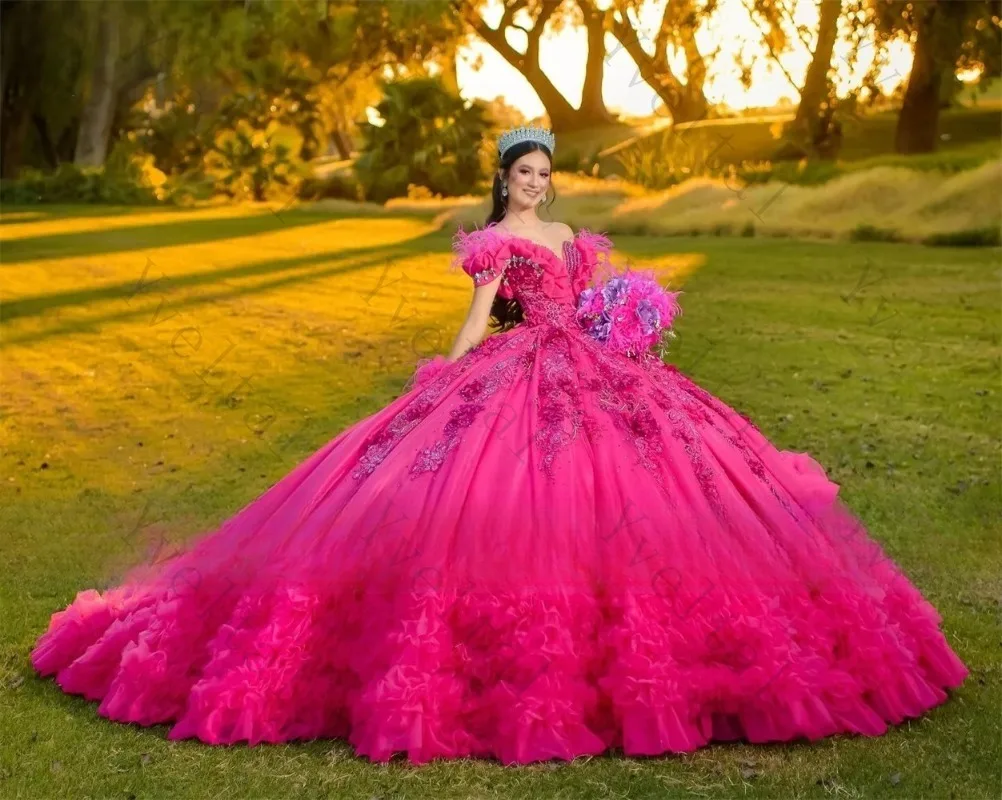 Customized Dignified Temperament Off Shoulder 3D Flower Quinceanera Dresses Bead Applique Feather Tiered Ruffles Ball Gown