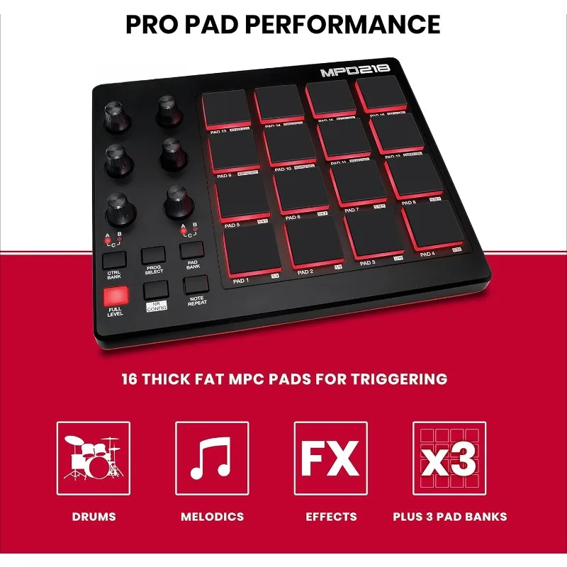 MPD218 - USB MIDI Controller with 16 MPC Drum Pads, 6 Assignable Knobs, Note Repeat & Full Level Buttons and Production Software