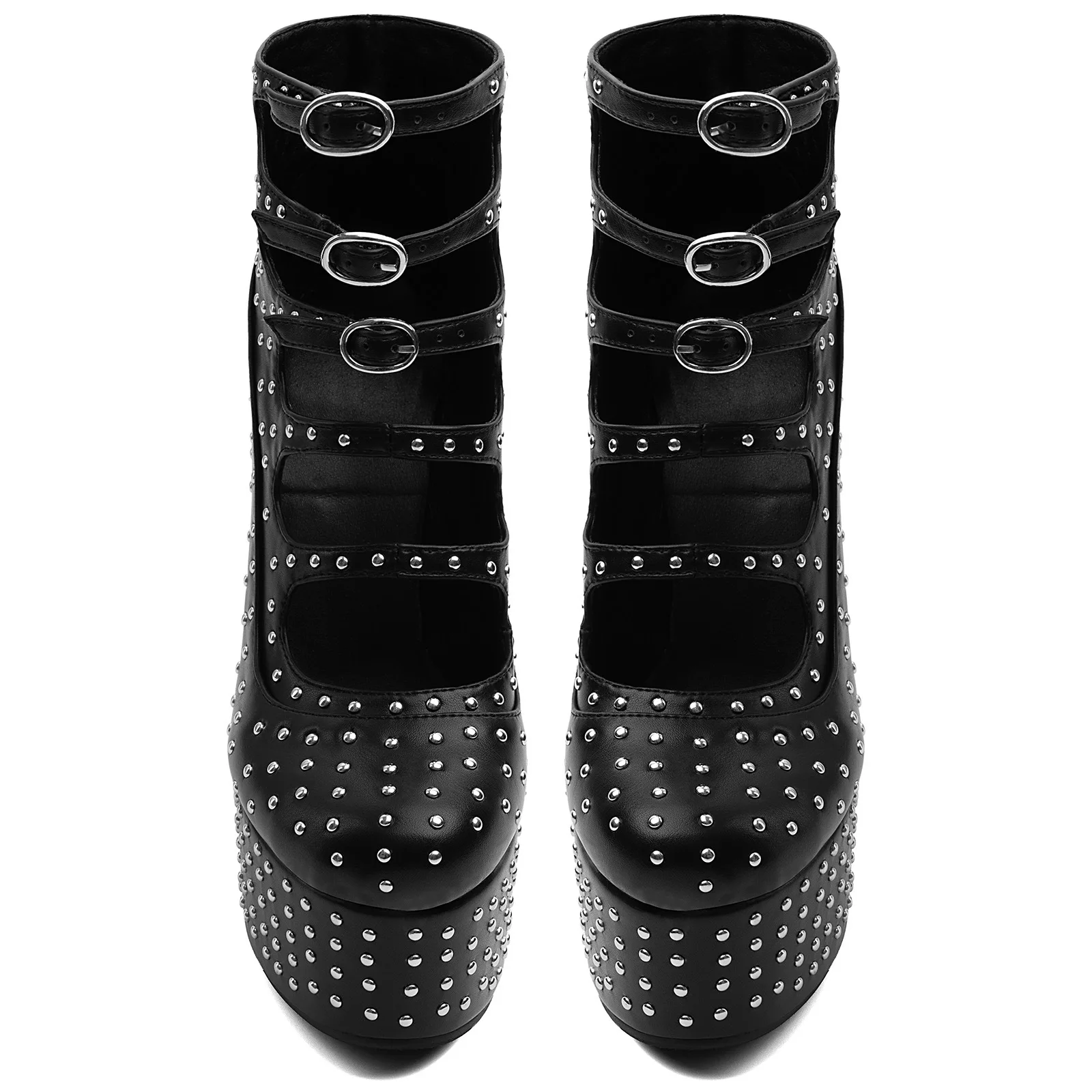 Pumps Women's Shoes Black Studded Platform Ankle Boots with Multiple Buckle Straps, Chunky High Heels, Edgy Gothic Punk Style