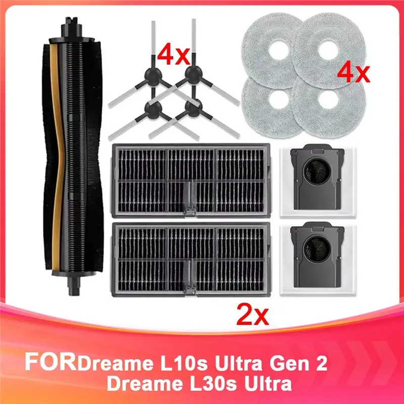 

Аксессуары AB11 для Dreame L10s Ultra Gen 2, Dreame L30s Ultra: запасные части, основная щетка, боковая щетка, фильтр, тряпка для мытья полов, мешок для сбора пыли.