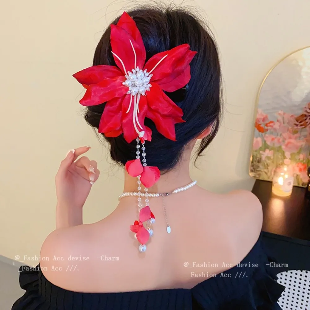 

Trendy Pearl Tassel Flower Hair Clip Headwear Elegant Duckbill Clip Delicate Grasping Clip Ladies