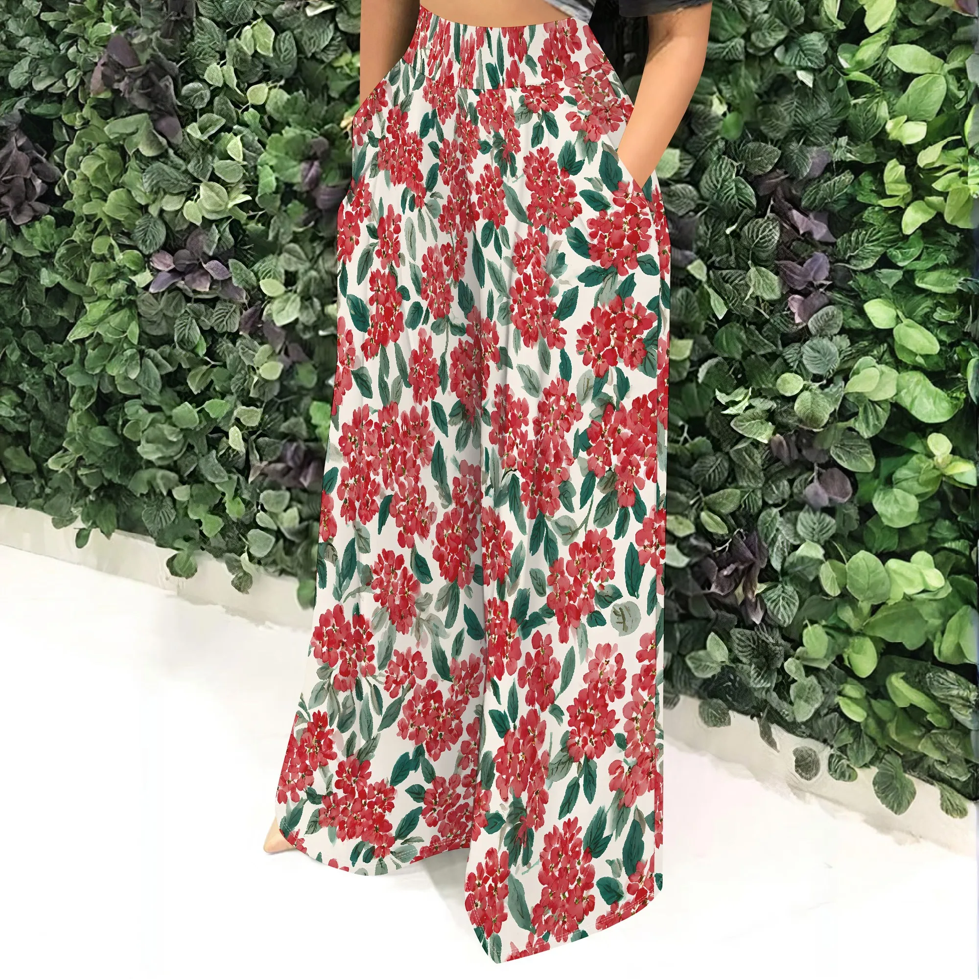 Floral High Waist Wide Leg Pants, Red Flower Print Trousers, Casual Loose Fit Palazzo Pants with Pockets for Women, S-2XL