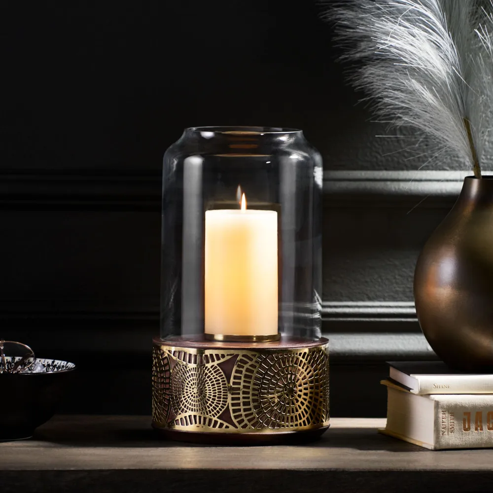 

Circle Mesh Hurricane Candle Holder Large Mango Wood Candle Stand Handcrafted Desig Tempered Glass Cover for Home Table Decor