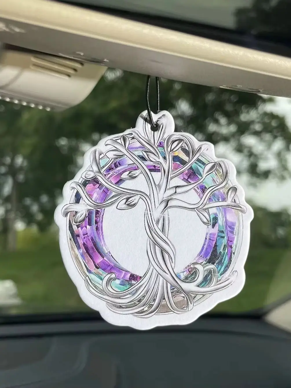 Silver Metallic Tree of Life Hanging Car Air Freshener Paper Scent Card, Crystal Rainbow Ring Art Design, Natural Plant Extract