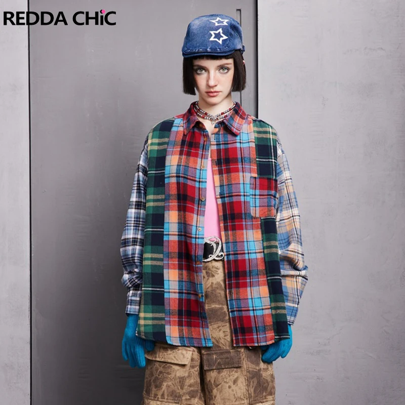 REDDACHiC Women Rainbow Plaid Blouse Top Patchwork Long Sleeves Shirt Pocket Y2k Vintage Scotland Loose Casual Cardigan Jacket