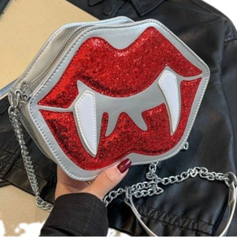 Tooth Lip Crossbody Bag with Chain Sequined Shoulder Purse Handbag