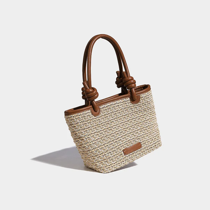 Summer Straw Woven Handbag Women Small Bucket Bag Rope Knot Beach Vacation Shoulder Bag 8170