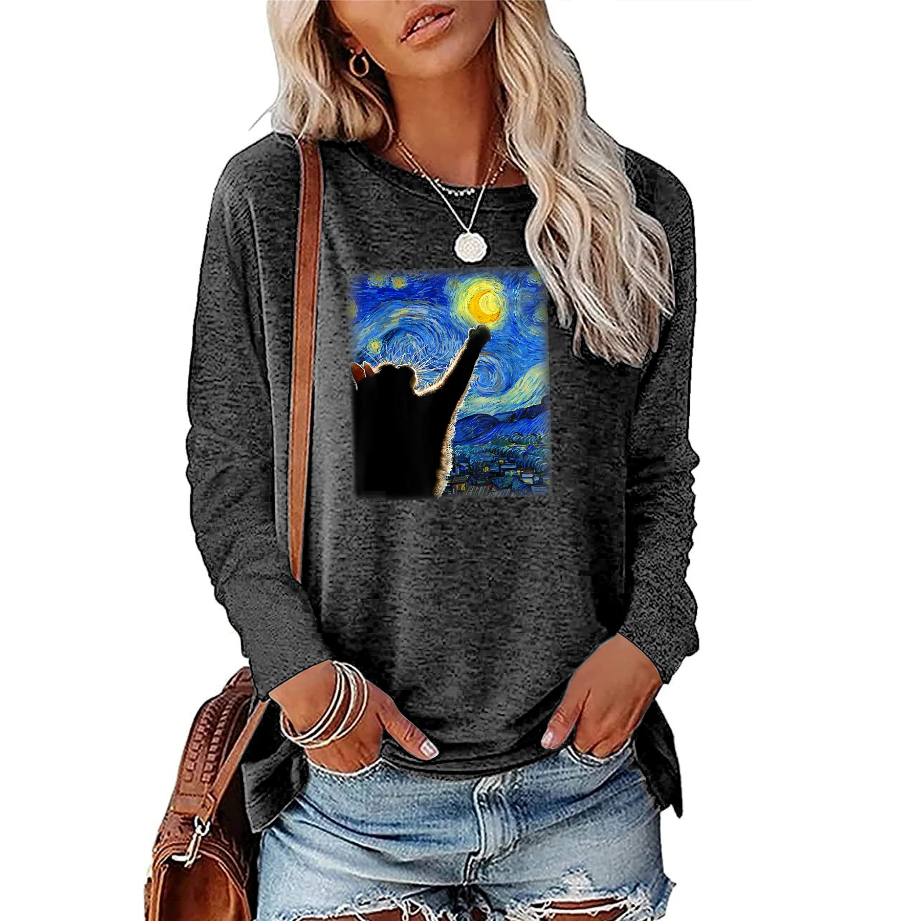 Quiet Starry Sky Little Cat Touching the Moon Printed T-shirt Women\'s Regular Colored Cotton Long Sleeve