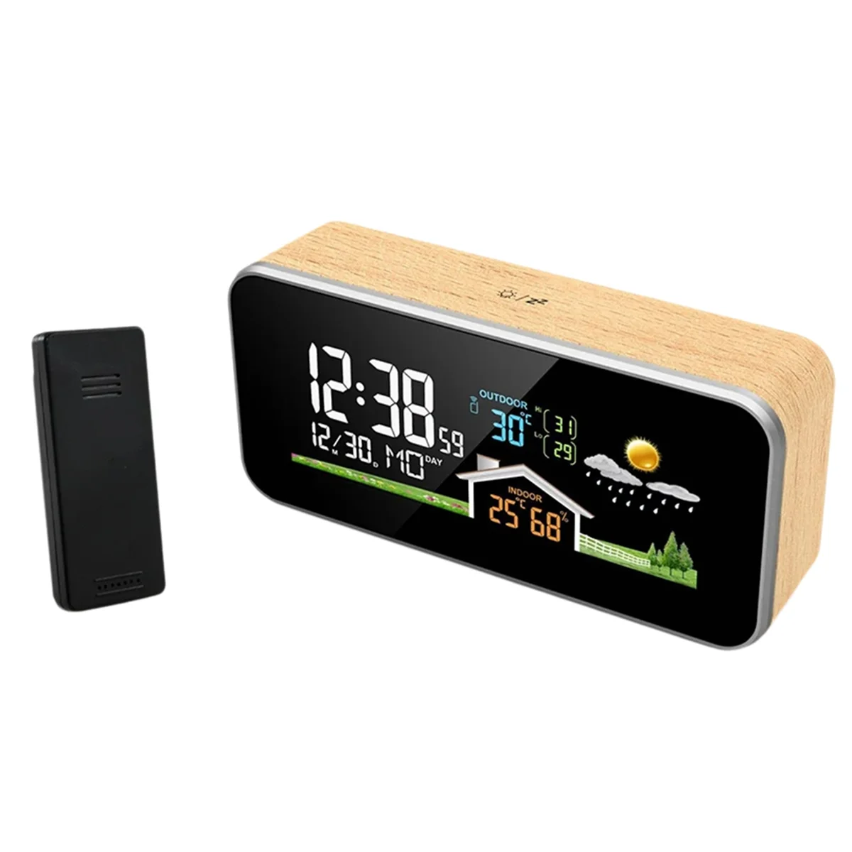 

NEW Wireless Weather Station Wooden Alarm Clock Digital Thermometer Humidity Temperature Wireless Sensor Home Desktop Watch