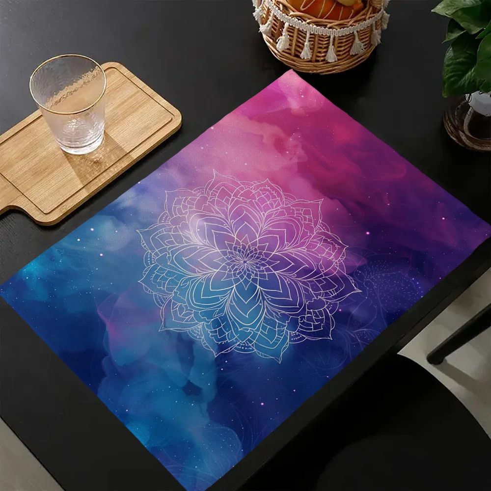 4PC Rectangle Table Mats for Dining, Painting White mandala on a colored background Decor Placemats