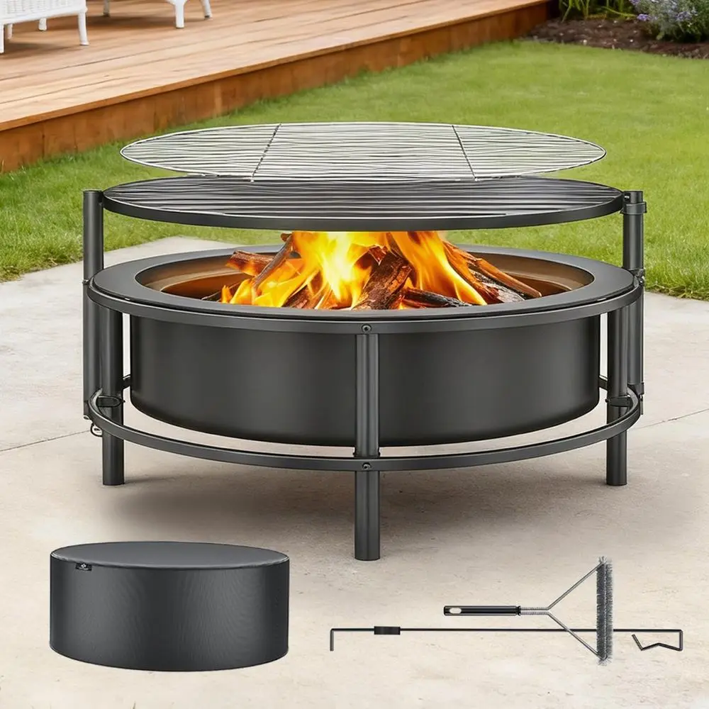 3 in 1 Split Fire Pit with Rotating Table, Grill, Poker & Waterproof Cover, Portable Heavy Duty Steel Outdoor Fire or Camping, P