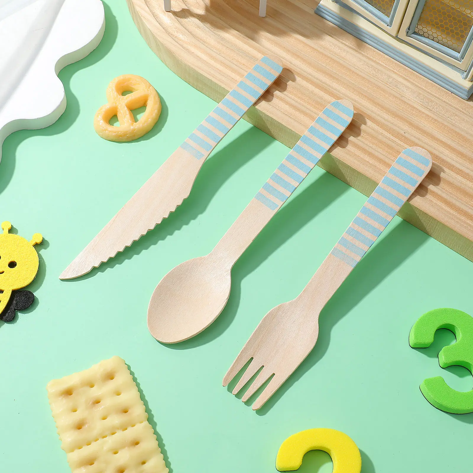 48pcs Disposable Cutlery Set Wooden Spoons Forks Knife Natural Biodegradable Tableware For Party Camping Picnic Bbq Fruit