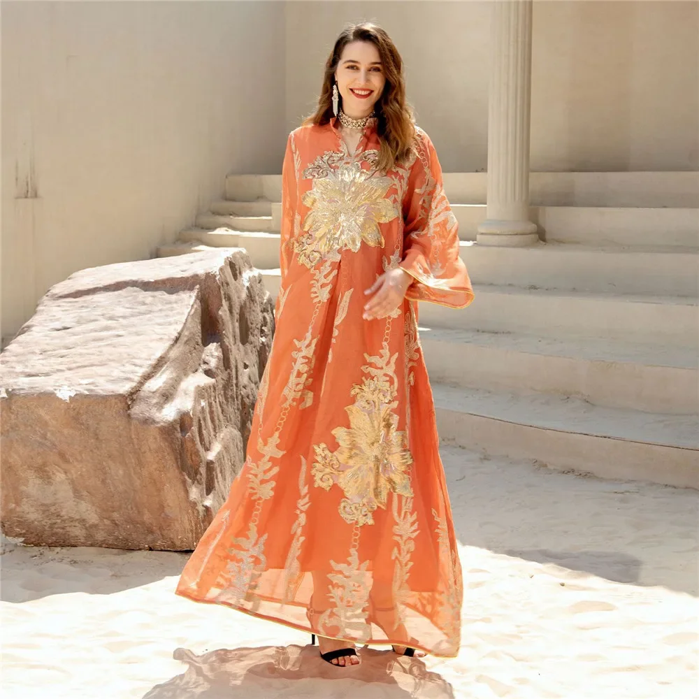 New Moroccan Muslim Abaya Dress Dubai Ramadan Sequins Floral Embroidered Long Kaftan Maxi Dresses Women Evening Jalabiya Vestido