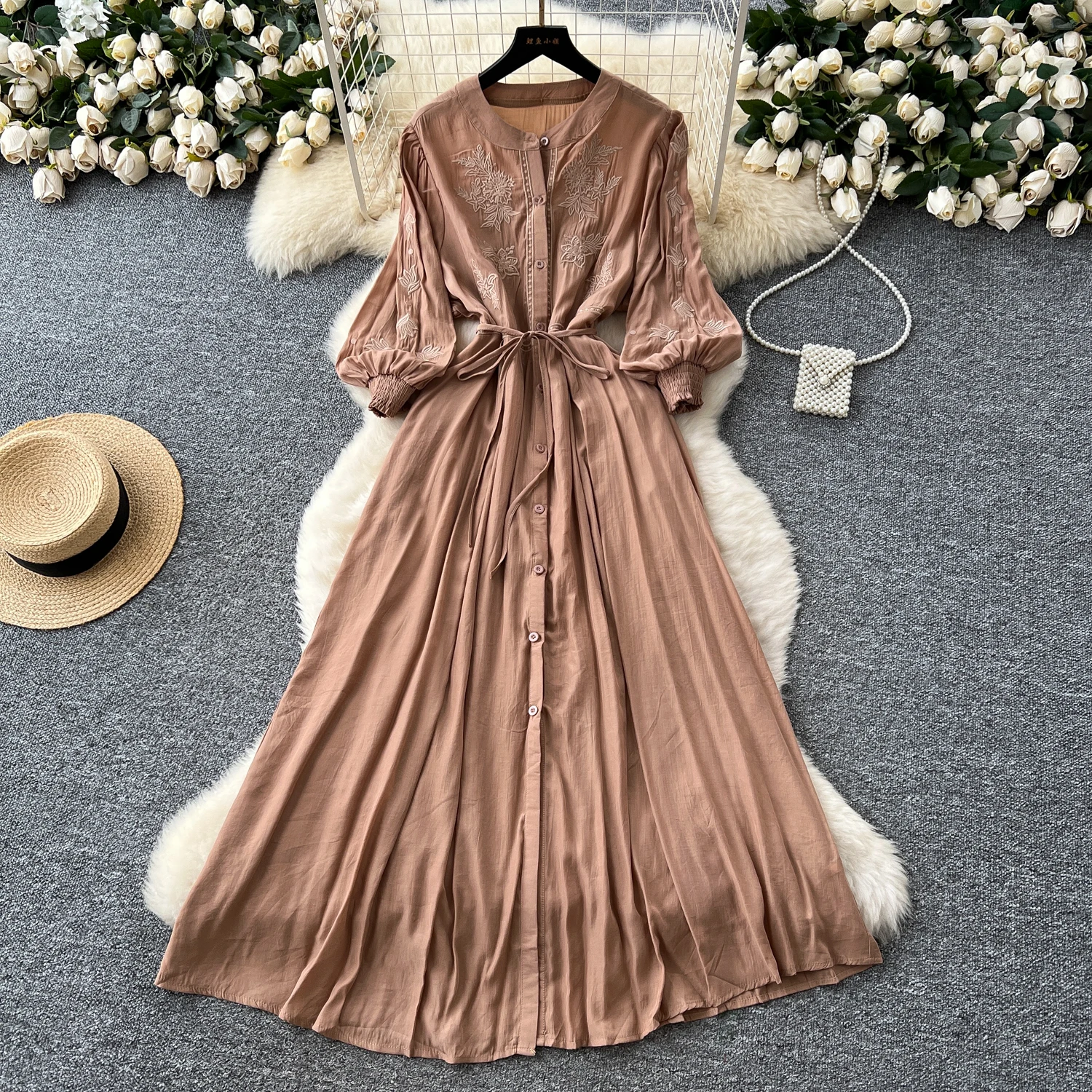 Vintage elegante geborduurde knoopjurk A-lijn chique casual strandvakantie dames zomerjurken