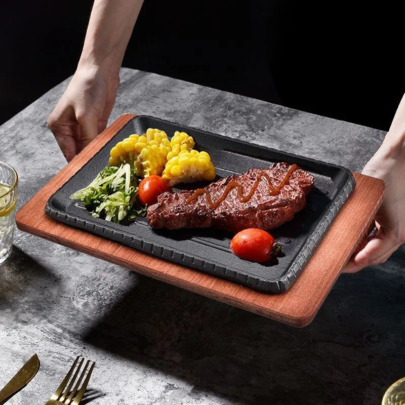 Wholesale Cast Iron Striped Steak Plate BBQ Grilled Plate Rectangle Sizzle Griddle Steak Pan with Wooden Base