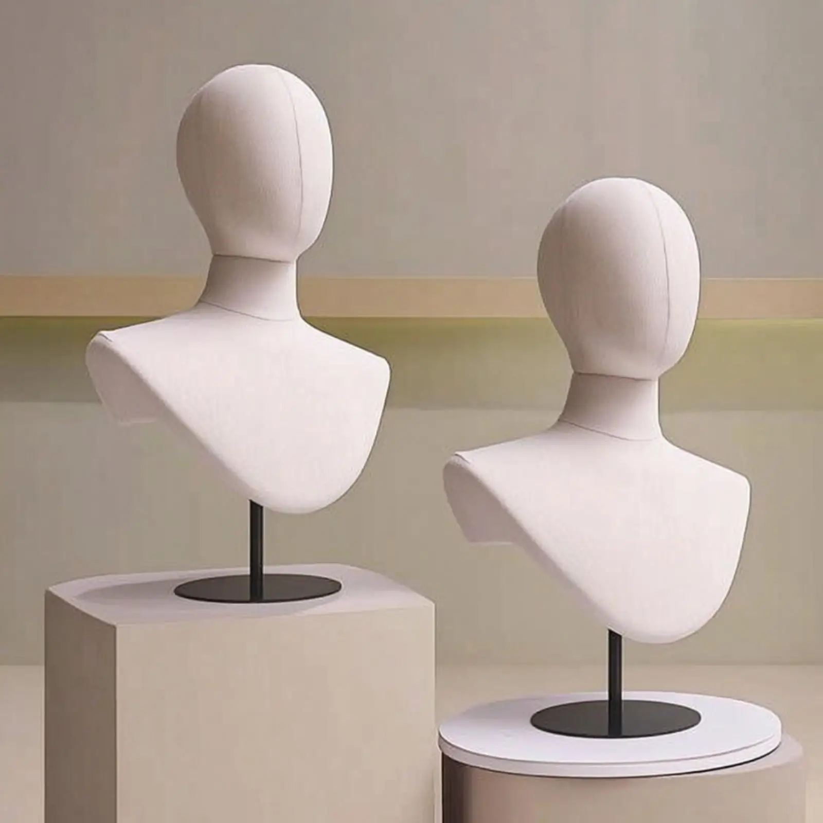 Mannequin stand, linen-textured half-figure, height-adjustable