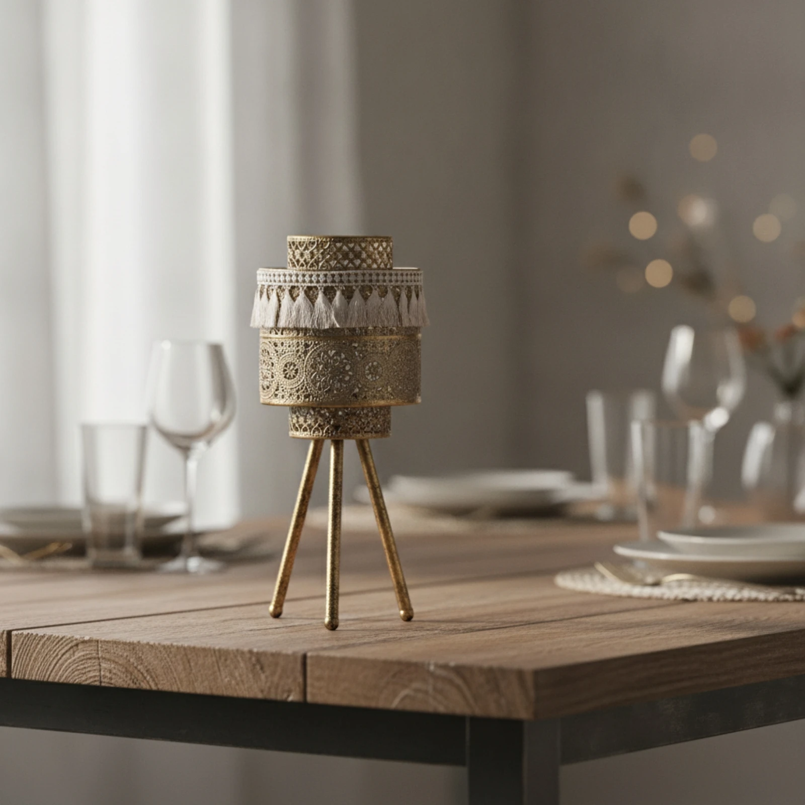 Tripod Candle Holder Openwork Metal Candle Holder Lantern with a Metal Band Hollow Decor Tabletop for Dining Table, Living Room