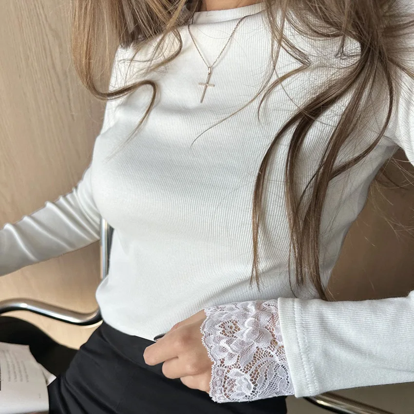 المرأة لطيف الحد الأدنى قميص أبيض عمودي مضلع بسط متماسكة طاقم الرقبة طويلة الأكمام الدانتيل الكفة مكتب عادية