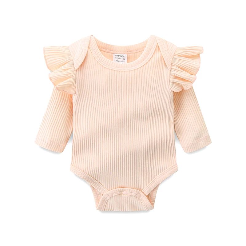 New Baby Ruffled Flutter-Sleeve Romper for Girls, Ribbed Bodysuit with Headband Crawling Outfit