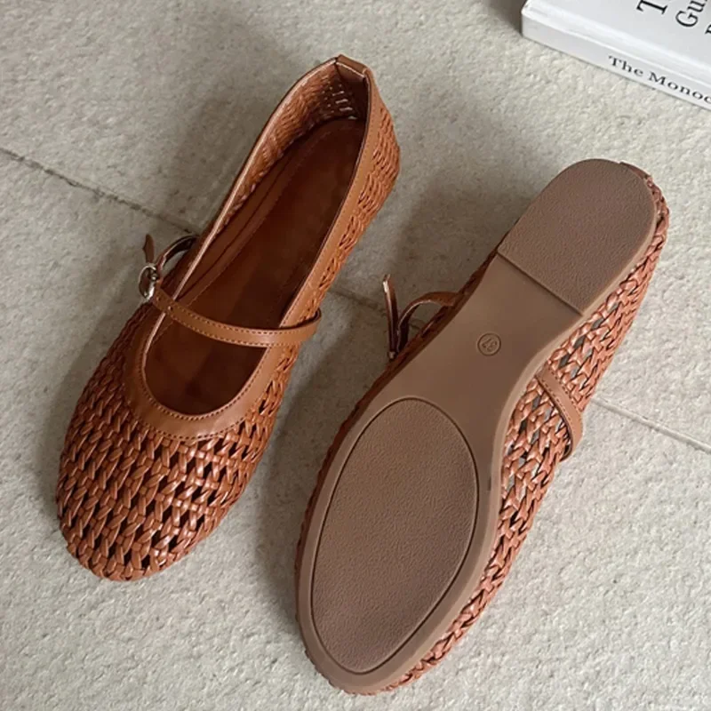 

Aneikeh Spring Designer Cane Mesh Flats Women's Round Toe Ballet Mary Jane Comfortable Ladies Shoes Zapatos De Mujer