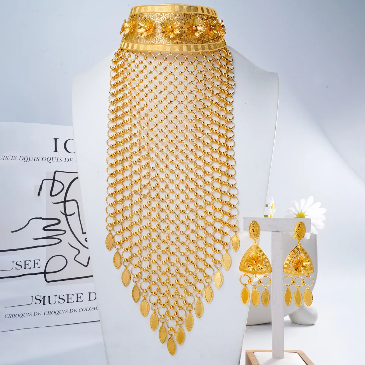 Luxury 24K 9999 Pure Gold real gold Middle East Flower Hollow Necklace Earrings Women's Wedding Necklace Earrings Set