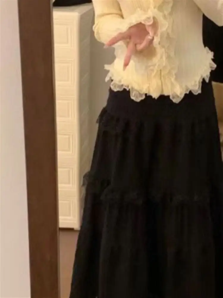 

Spring Summer 2024 Fro Sle f-length Skirt Lace Splicing Fluffy Lace Trim Cake Design High-waist A-line Midi Skirt