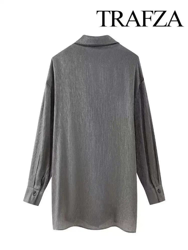 

New Women Grey Turn Down Collar Long Sleeves Cardigan Top Woman Chic Casual Lace Up Wrinkled-Effect High Street Blouse Mujer