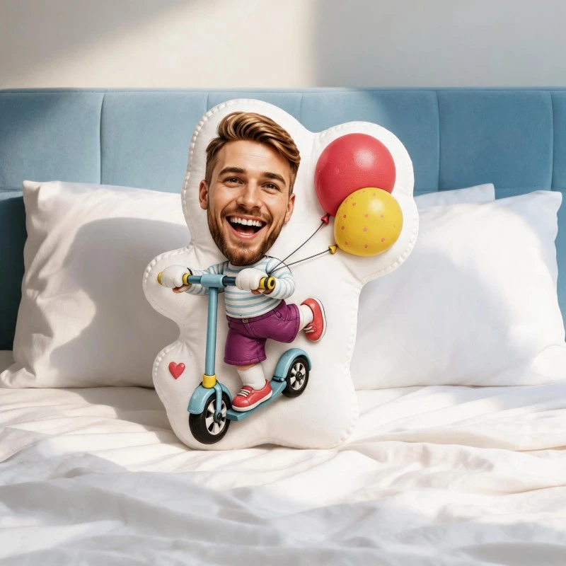 Custom Personalized Photo Face Pillow, Funny Man Riding Scooter with Balloons Custom Shaped Decorative Cushion, Unique Home Deco