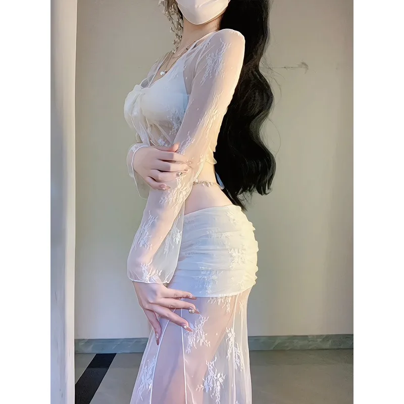 Elegant White Floral Mesh 4 Piece Bikini Set Bow Front Flare Sleeve Cover Up Skirt Swimsuit for Women Beach Resort Vacation view 3