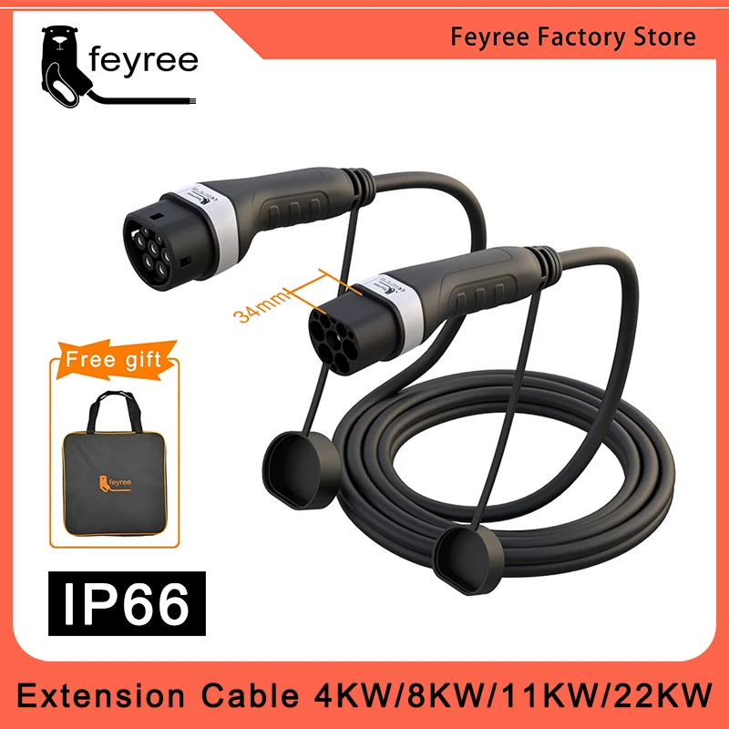 

feyree EV Charging Cable 16A/32A 4kW/8kW/11kW/22kW Electric Vehicle Cord 5M Type 2 EVSE Charging Station Female to Male Plug