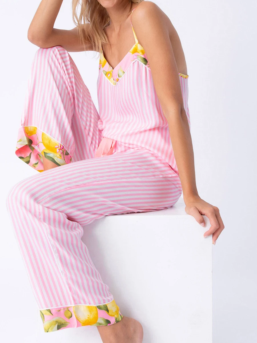 Women Pajamas Set 2 Pieces Loungewear Suits Stripe Lemon Print Camisoles Tank Tops Elastic Waist Long Pants Sleepwear Outfits