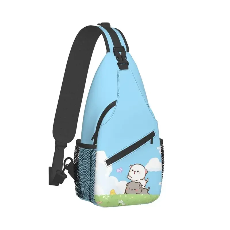 Peach And Goma Sling Crossbody Backpack Men Custom Cartoon Mochi Cat Shoulder Chest Bag for Cycling Camping Daypack