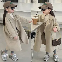 Korean girl's woolen coat super cute casual trench coat 2023 autumn and winter new baby loose khaki coat 3 5 7 9Y