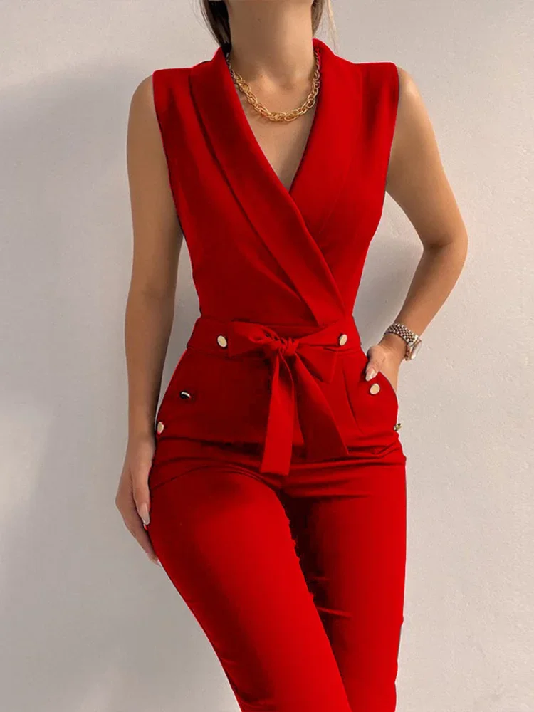 Women Summer Jumpsuit Backless V Neck Solid Zipper Off Shoulder Sleeveless Overalls With Pockets Casual Slim Long Rompers Female