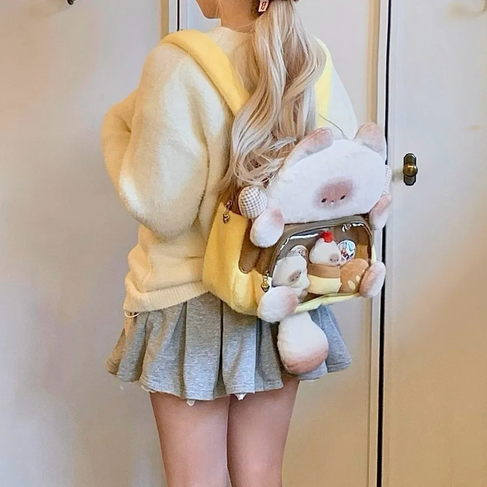 Harajuku Kawaii Cat Backpack Transparent Cute Bread Cat Itabag Fluffy Soft Student School Bag Shopping