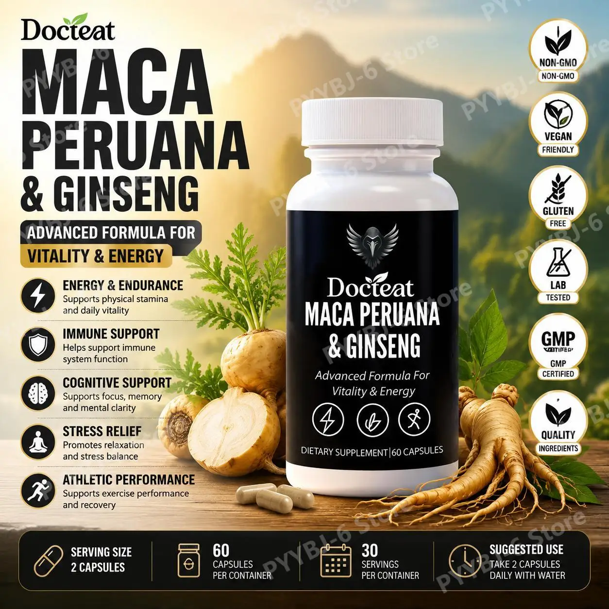 Docteat Maca Extract & Panax Ginseng Capsules for Energy, Endurance Support, Immune Support & Brain Function, 60 Capsules