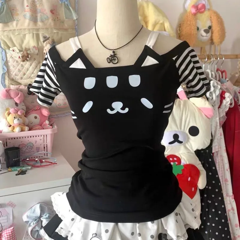 Camiseta con estampado de gato Kawaii japonés para mujer, camiseta con hombros descubiertos, estilo Otaku ajustado informal, Tops Y2K ceñidos con cintura para chica, novedad de verano